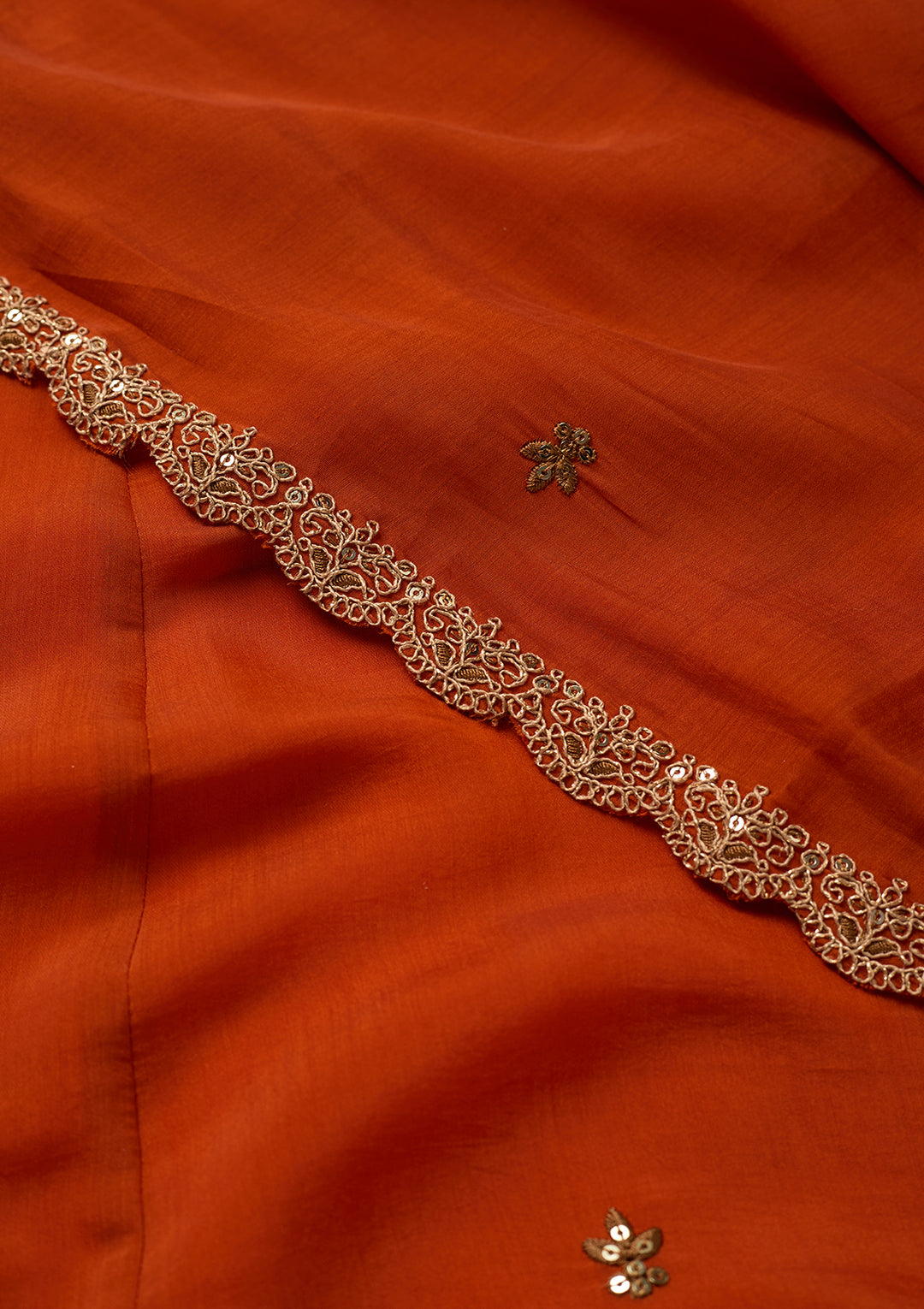 Rust Chanderi Cording Anarkali Kurta With Regular Pant And Dupatta