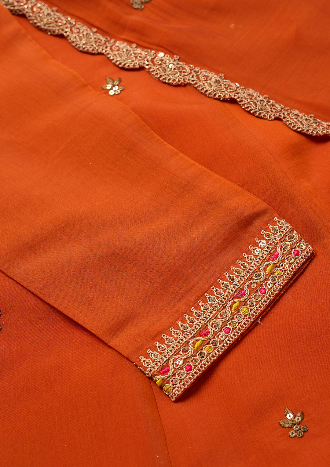 Rust Chanderi Cording Anarkali Kurta With Regular Pant And Dupatta