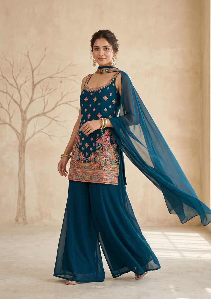 Peacock Blue Threadwork Georgette Readymade Salwar Suit