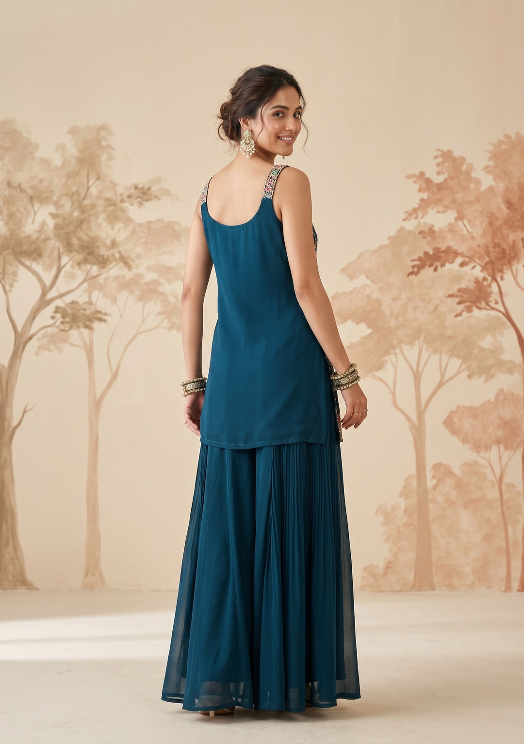 Peacock Blue Threadwork Georgette Readymade Salwar Suit
