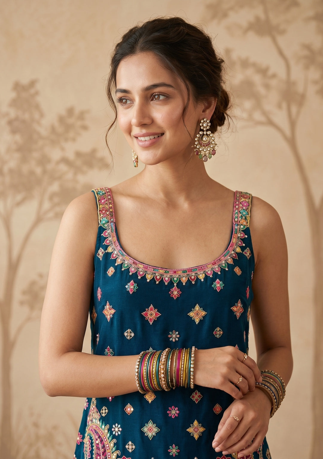 Peacock Blue Threadwork Georgette Readymade Salwar Suit
