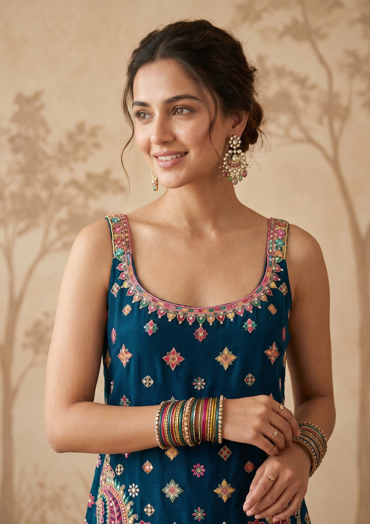 Peacock Blue Threadwork Georgette Readymade Salwar Suit