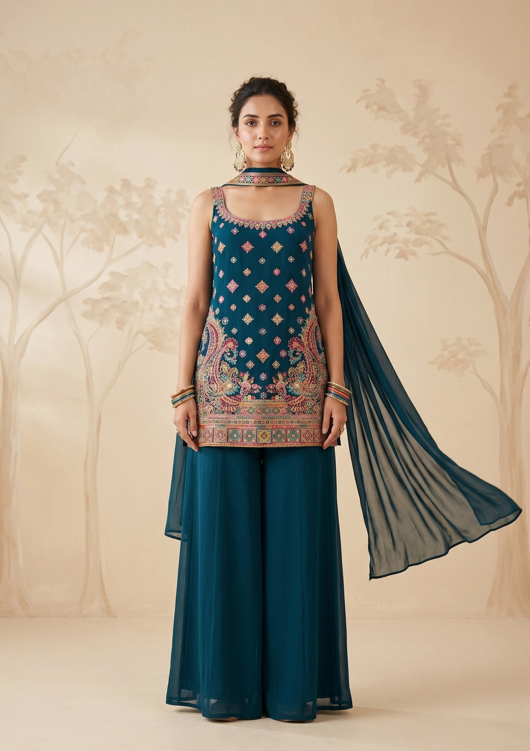 Peacock Blue Threadwork Georgette Readymade Salwar Suit