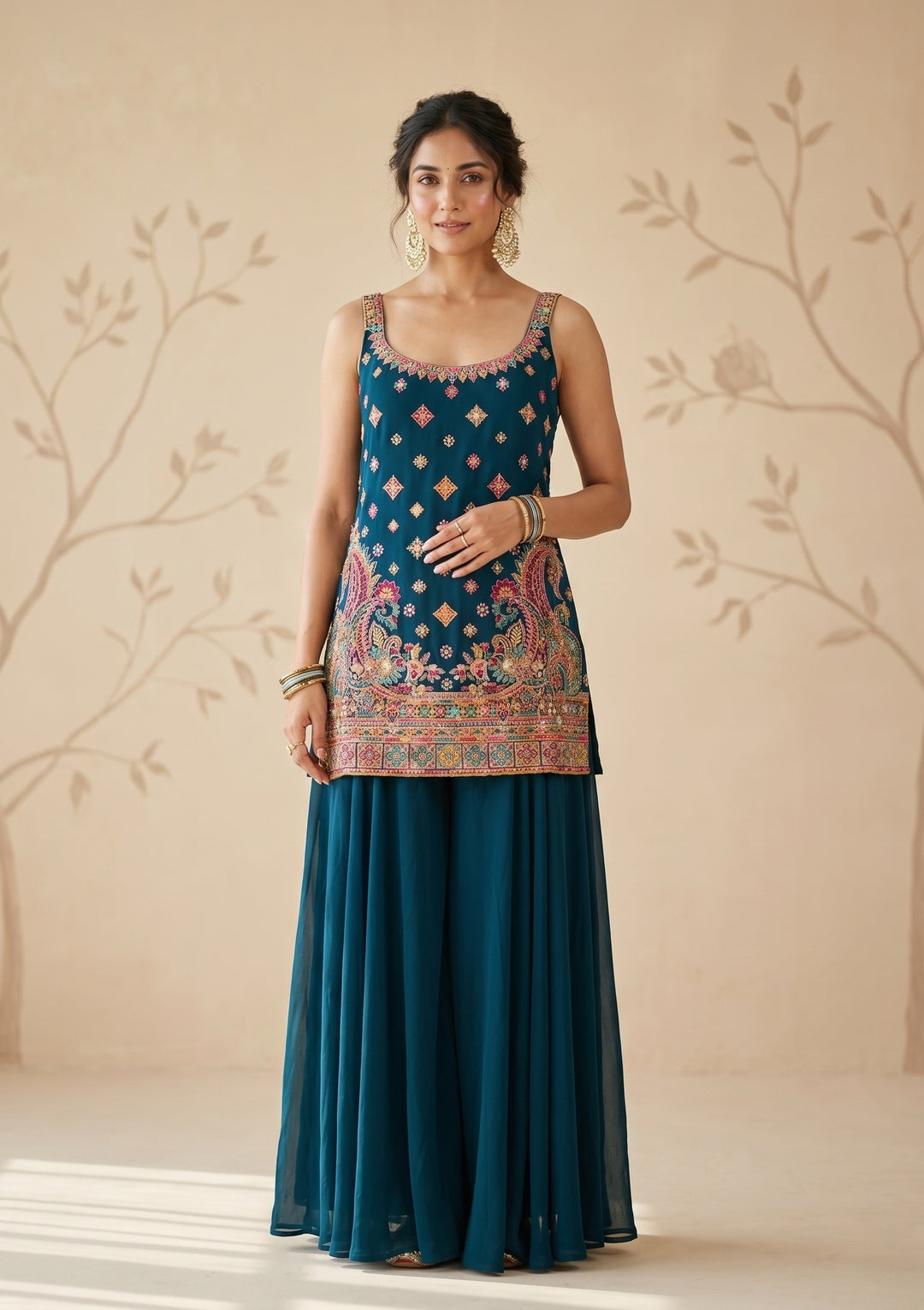 Peacock Blue Threadwork Georgette Readymade Salwar Suit