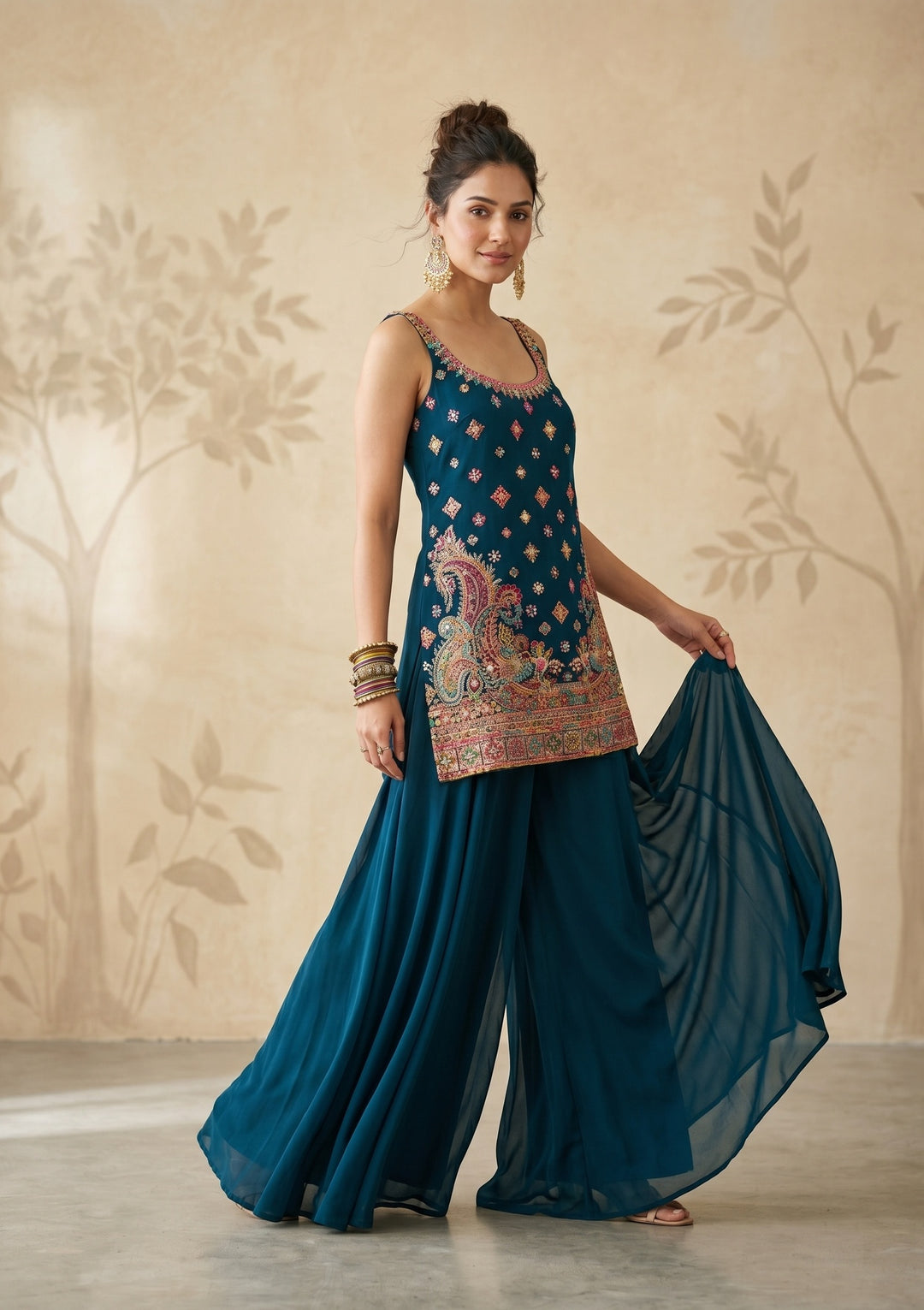 Peacock Blue Threadwork Georgette Readymade Salwar Suit
