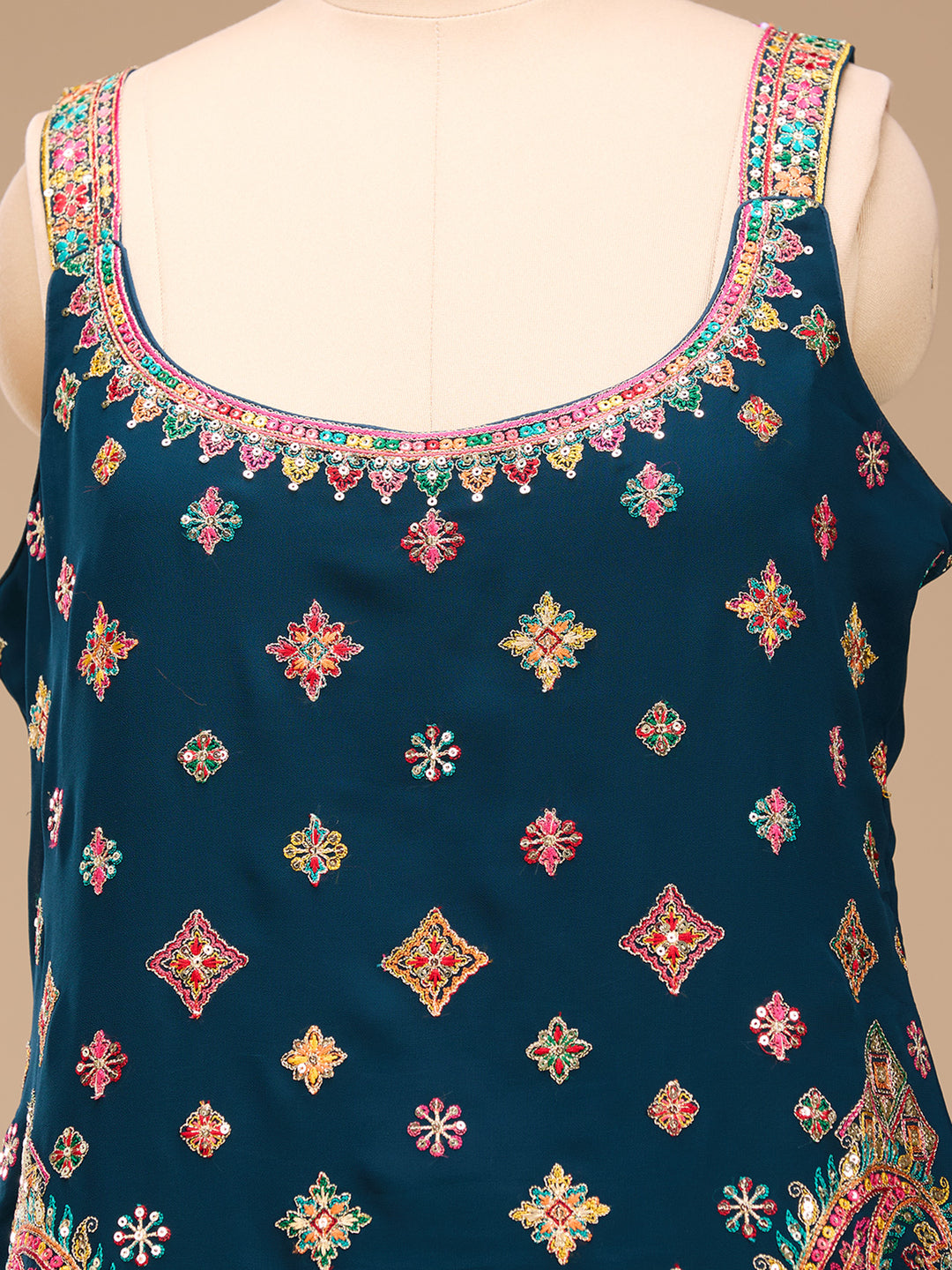 Peacock Blue Threadwork Georgette Readymade Salwar Suit