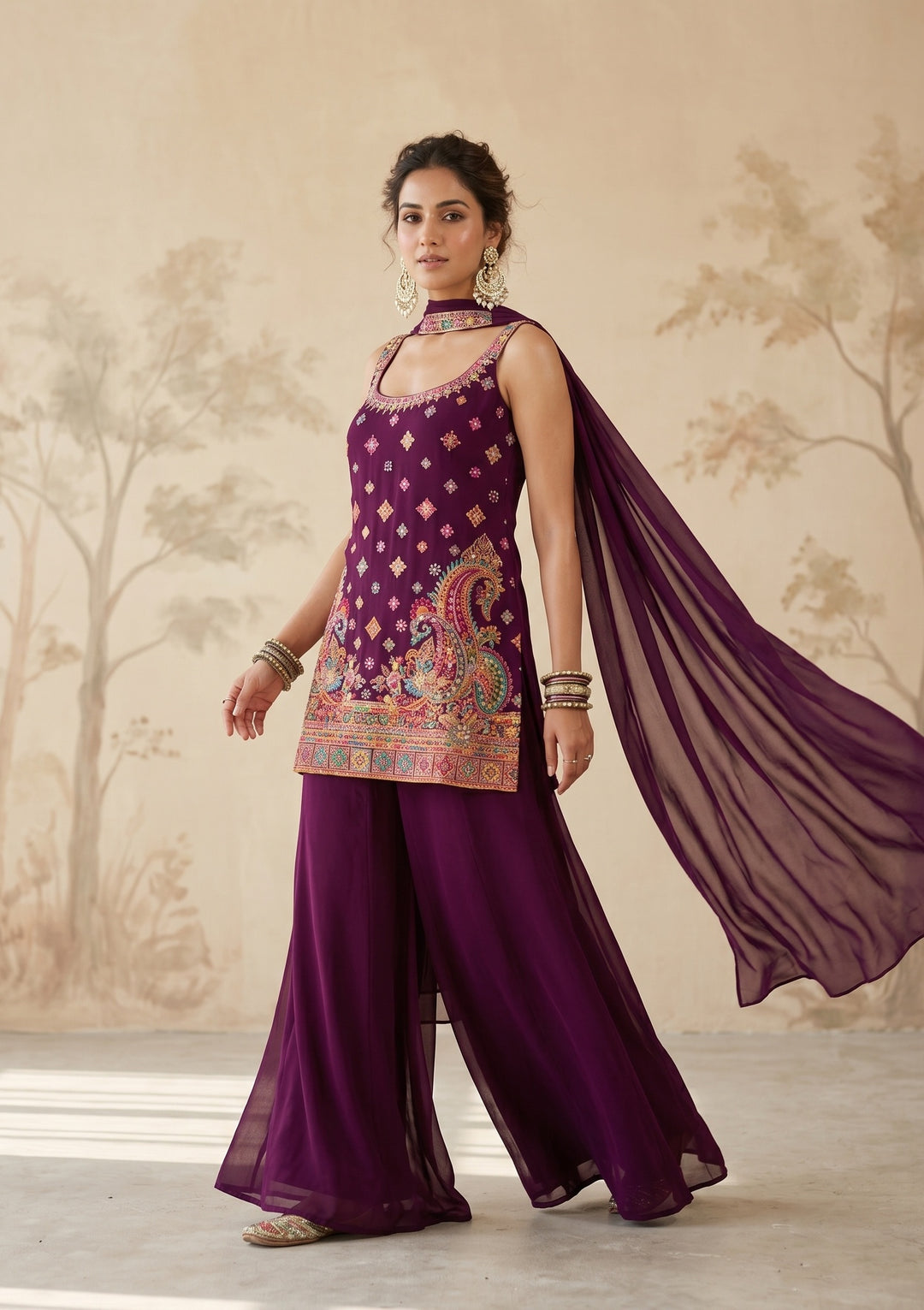 Wine Threadwork Georgette Readymade Salwar Suit