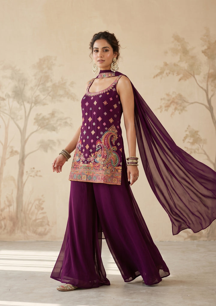 Wine Threadwork Georgette Readymade Salwar Suit
