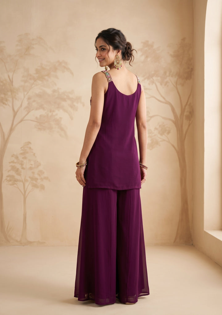 Wine Threadwork Georgette Readymade Salwar Suit