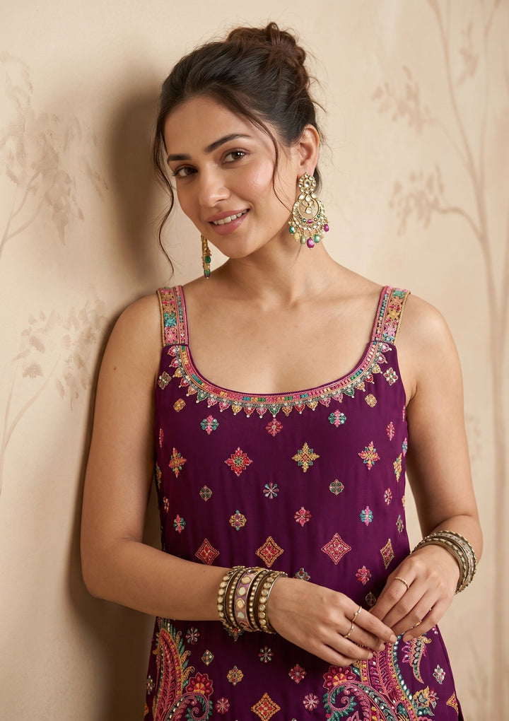 Wine Threadwork Georgette Readymade Salwar Suit