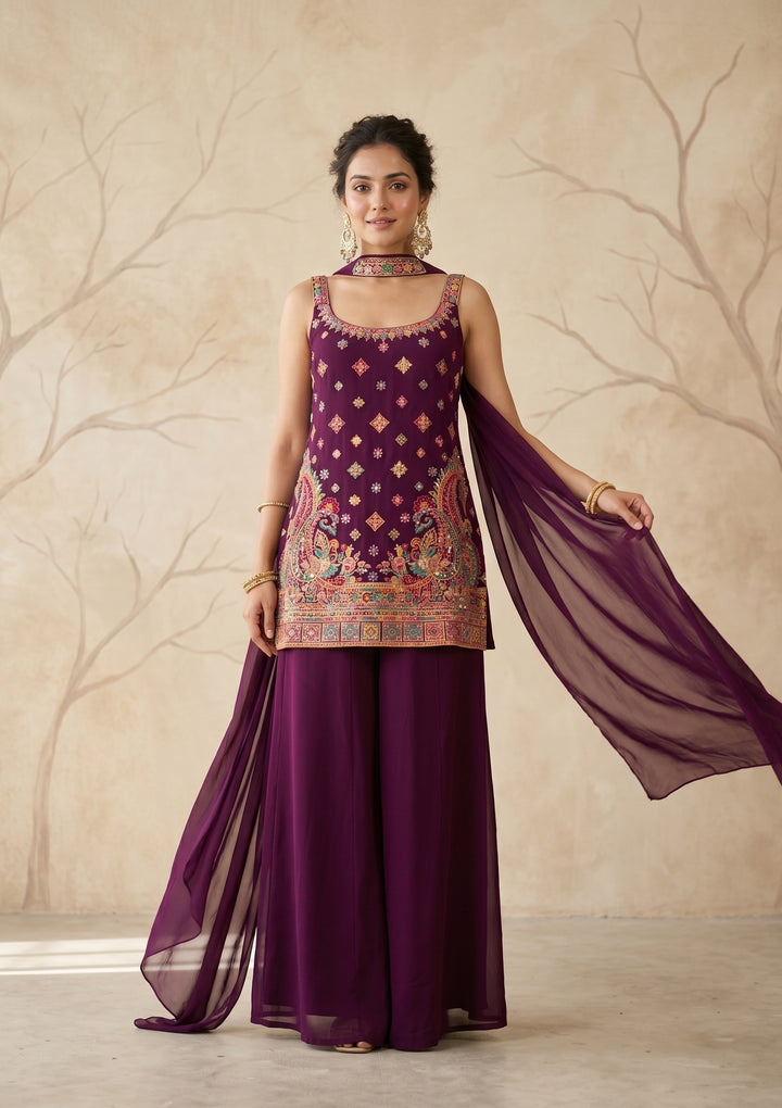 Wine Threadwork Georgette Readymade Salwar Suit