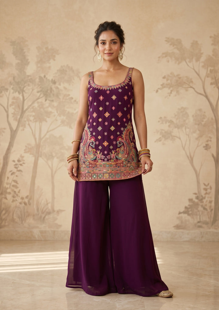 Wine Threadwork Georgette Readymade Salwar Suit
