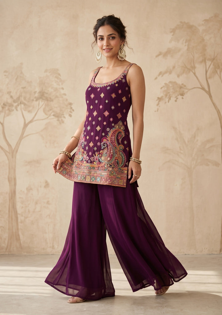 Wine Threadwork Georgette Readymade Salwar Suit