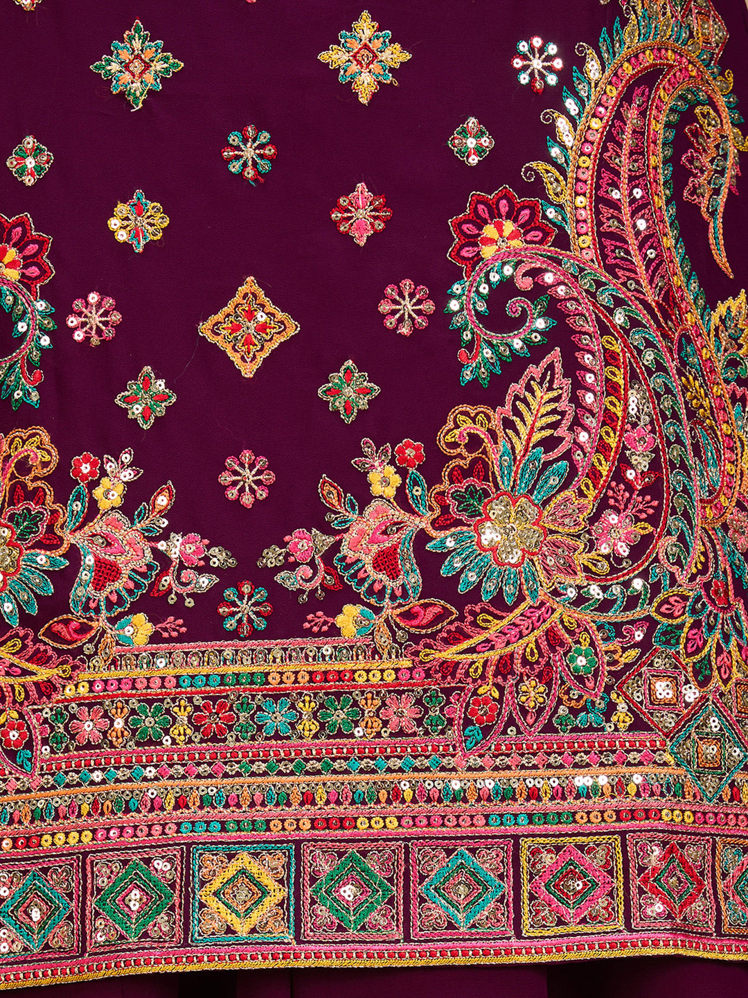 Wine Threadwork Georgette Readymade Salwar Suit