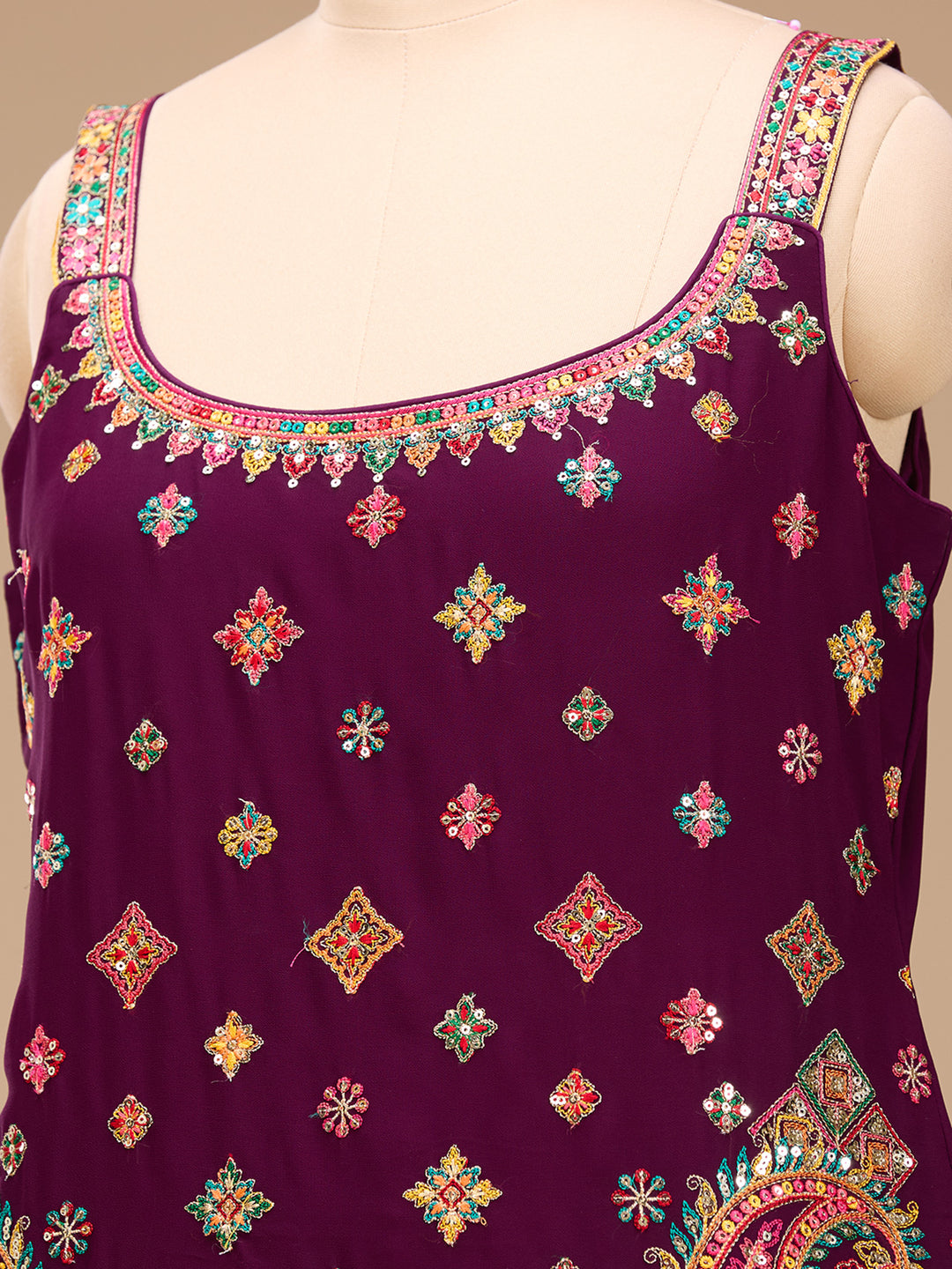 Wine Threadwork Georgette Readymade Salwar Suit
