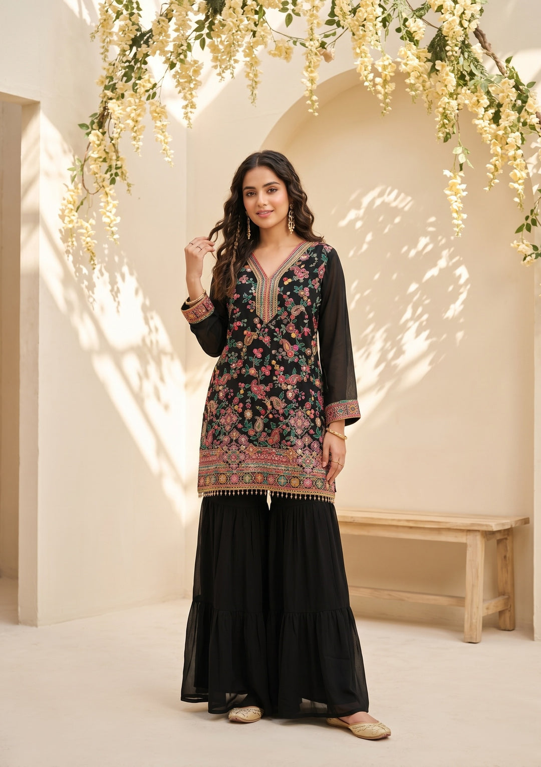 Black Threadwork Georgette Readymade Salwar Suit