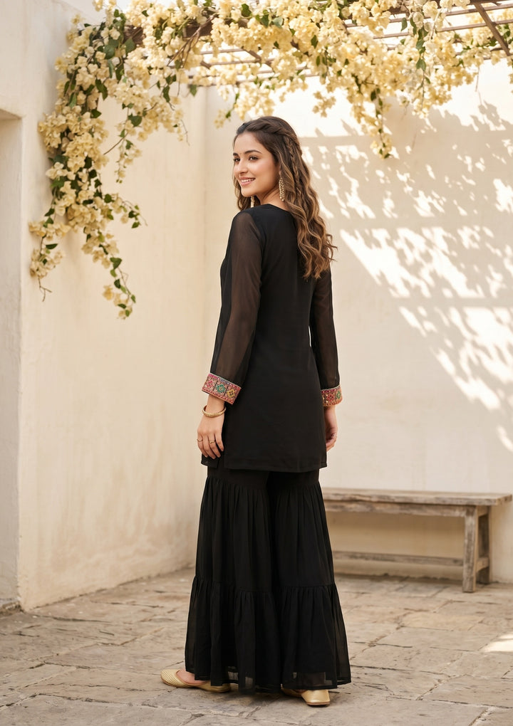 Black Threadwork Georgette Readymade Salwar Suit