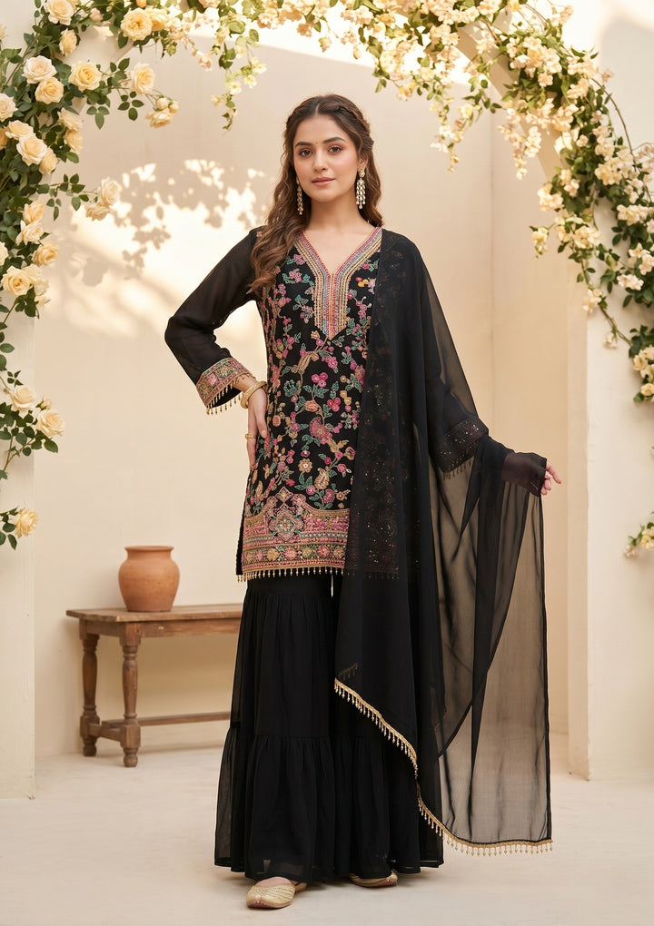 Black Threadwork Georgette Readymade Salwar Suit
