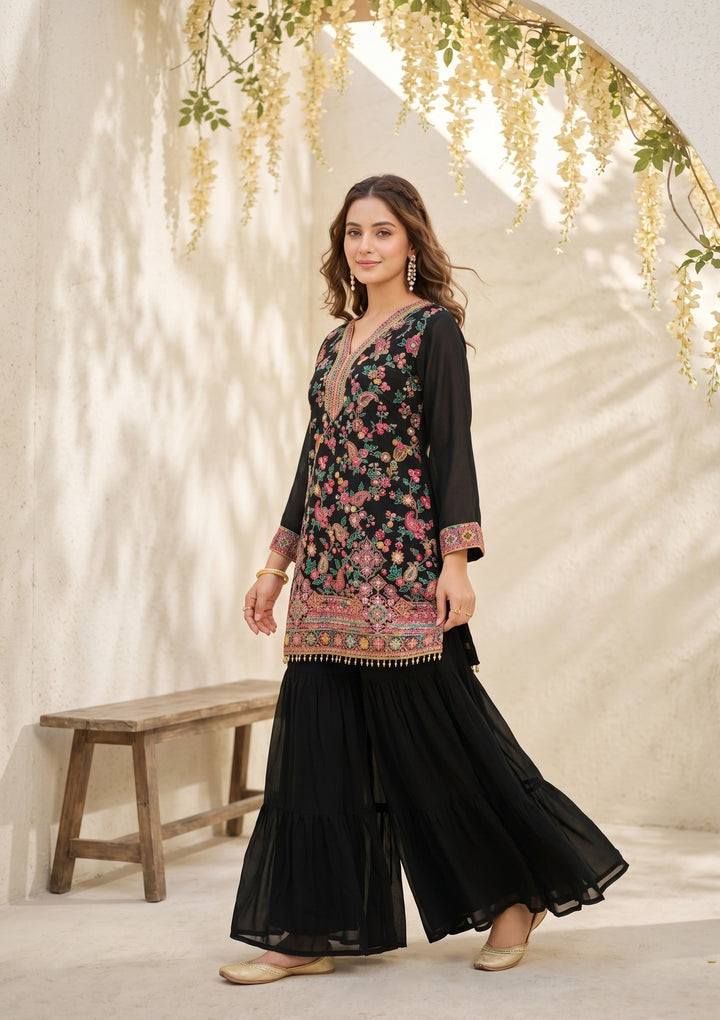 Black Threadwork Georgette Readymade Salwar Suit