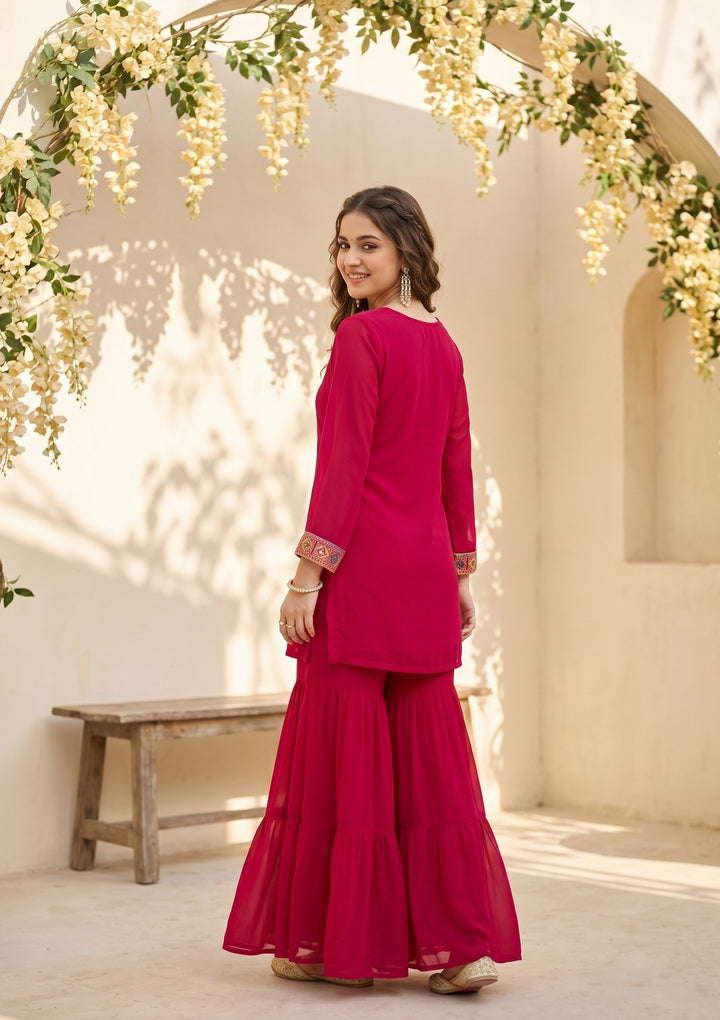 Rani Pink Threadwork Georgette Readymade Salwar Suit