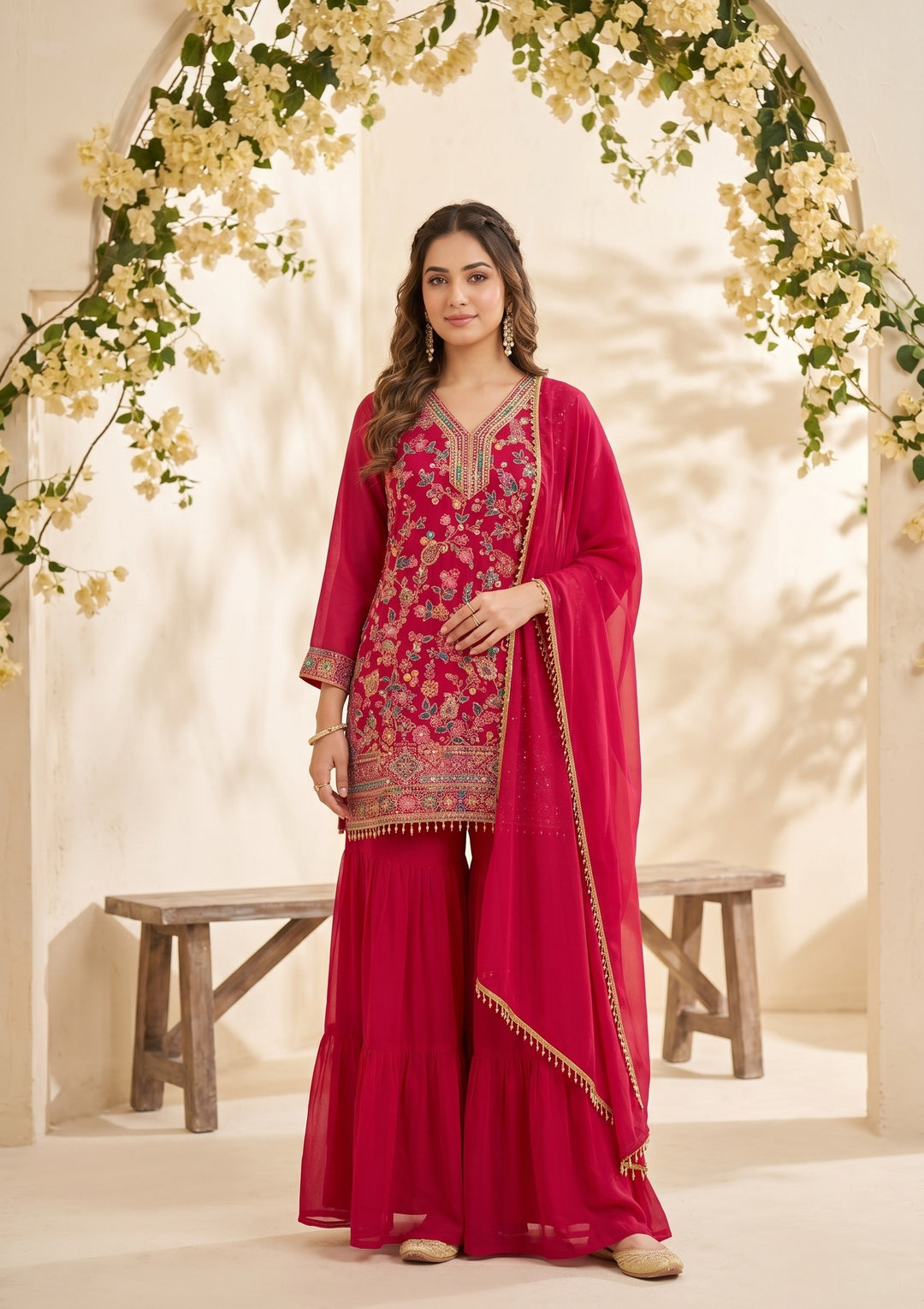 Rani Pink Threadwork Georgette Readymade Salwar Suit