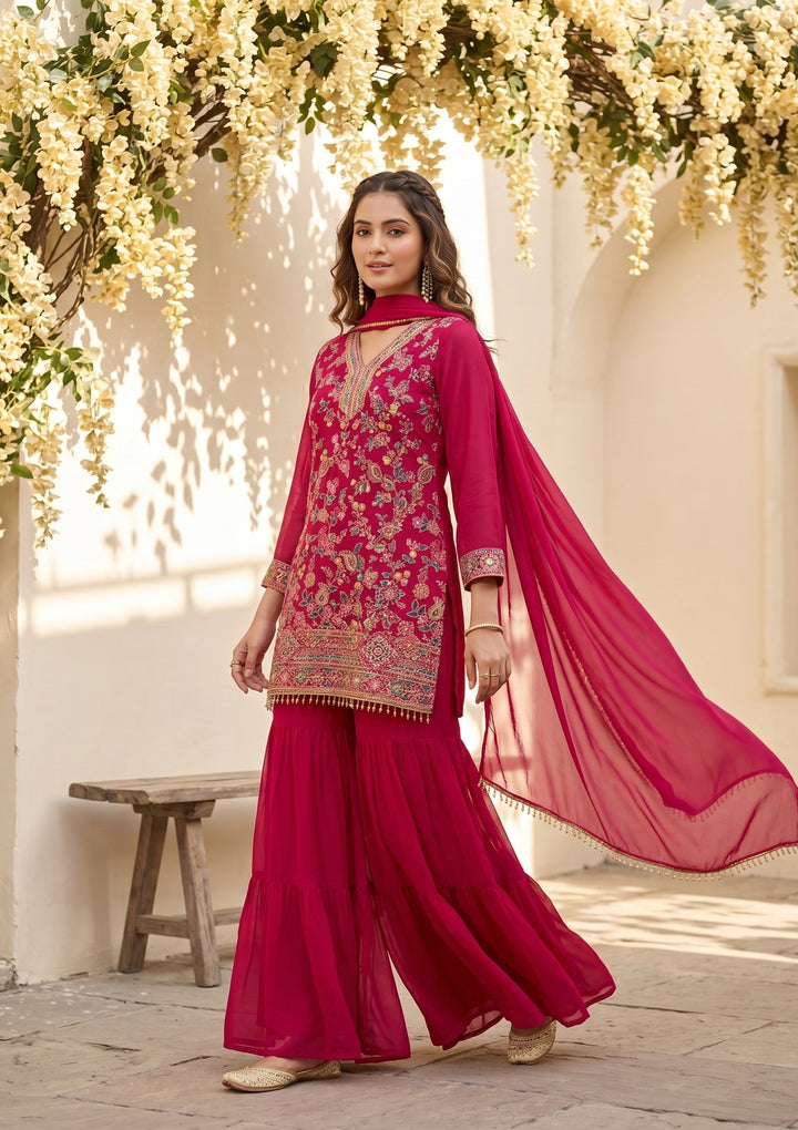 Rani Pink Threadwork Georgette Readymade Salwar Suit