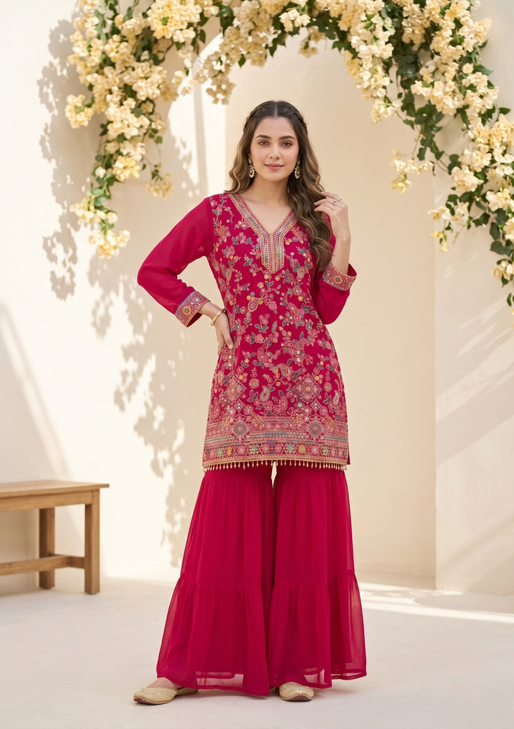 Rani Pink Threadwork Georgette Readymade Salwar Suit