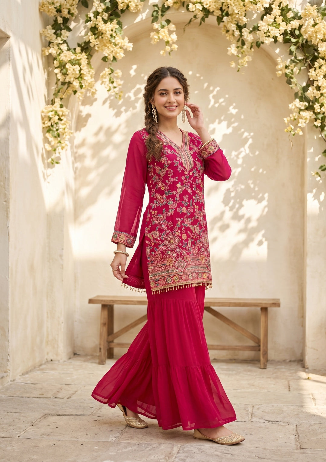 Rani Pink Threadwork Georgette Readymade Salwar Suit