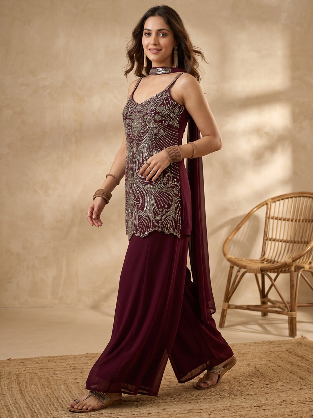 Wine Cutdana Georgette Readymade Salwar Suit