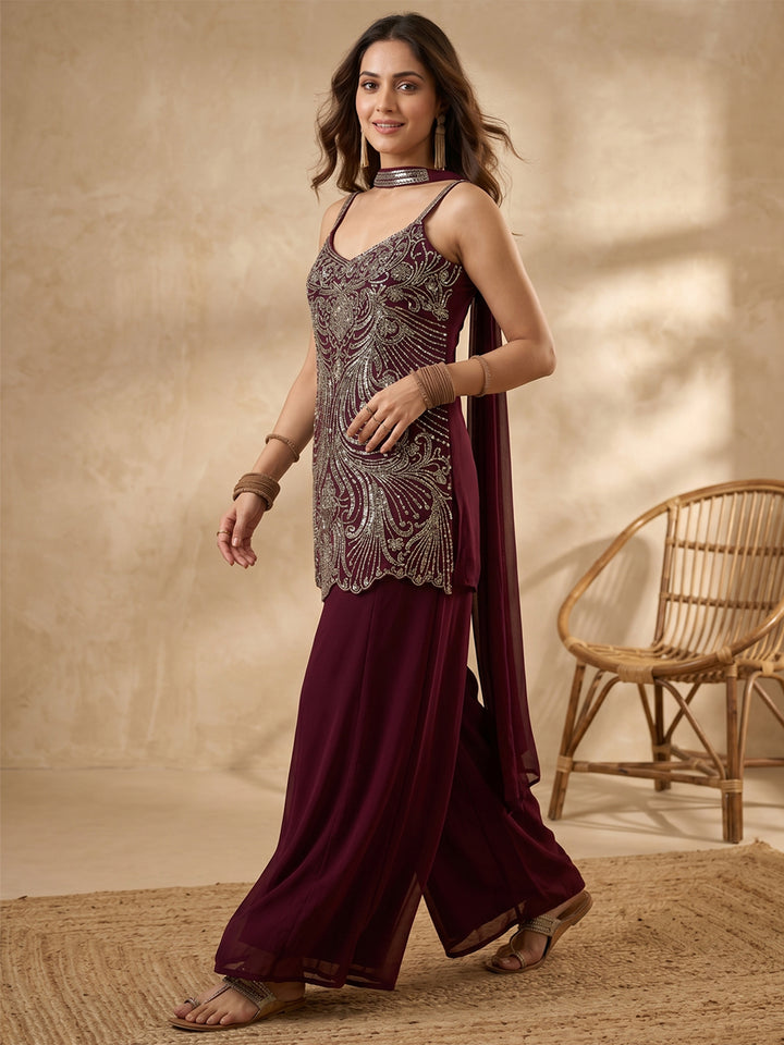 Wine Cutdana Georgette Readymade Salwar Suit