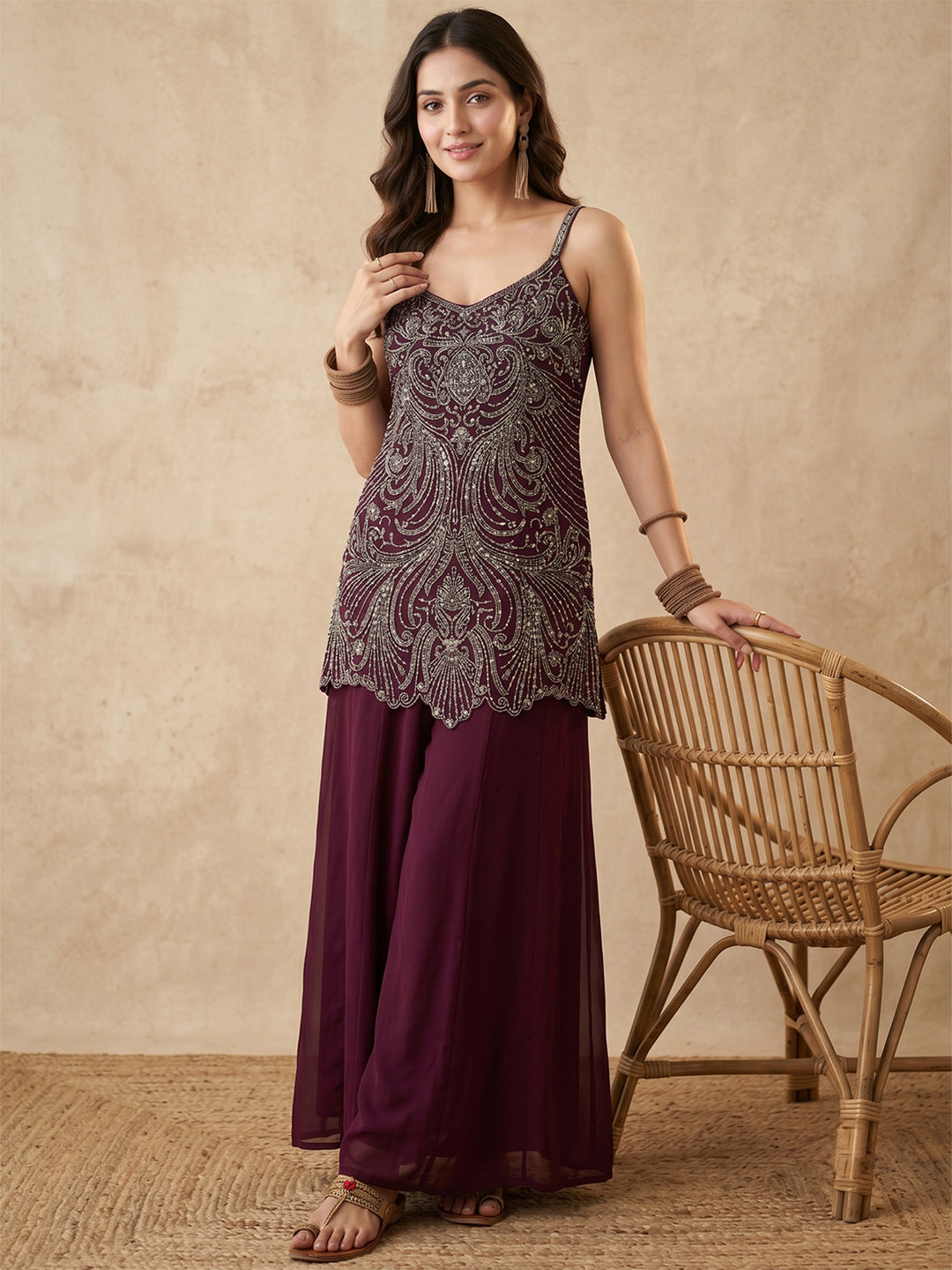 Wine Cutdana Georgette Readymade Salwar Suit
