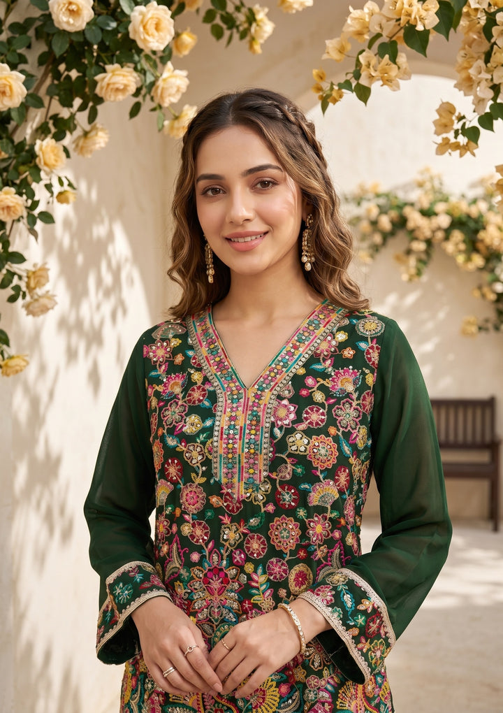 Bottle Green Threadwork Georgette Readymade Salwar Suit