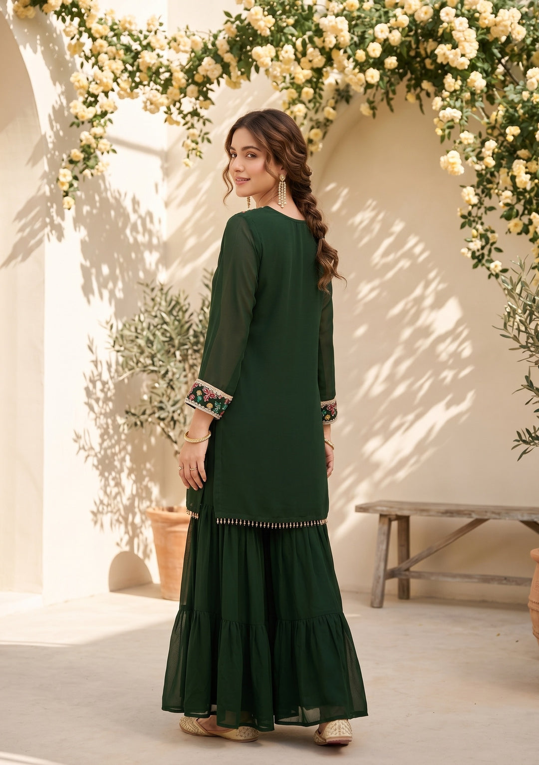 Bottle Green Threadwork Georgette Readymade Salwar Suit