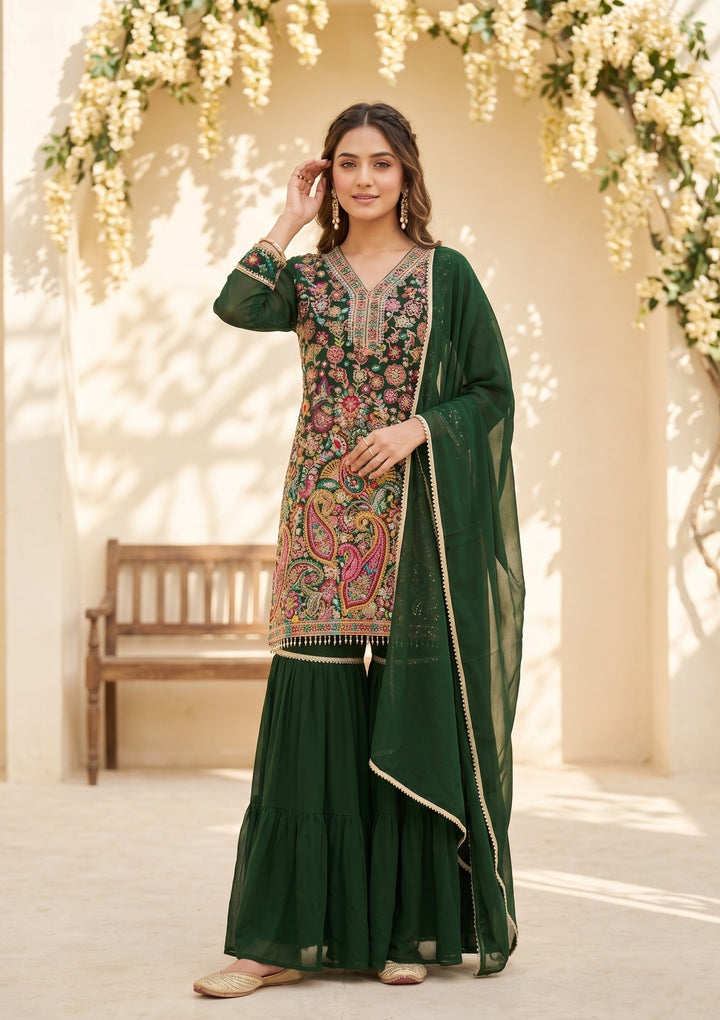 Bottle Green Threadwork Georgette Readymade Salwar Suit