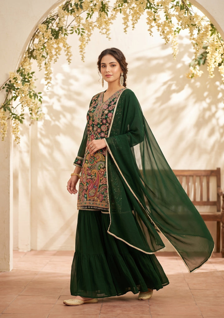Bottle Green Threadwork Georgette Readymade Salwar Suit