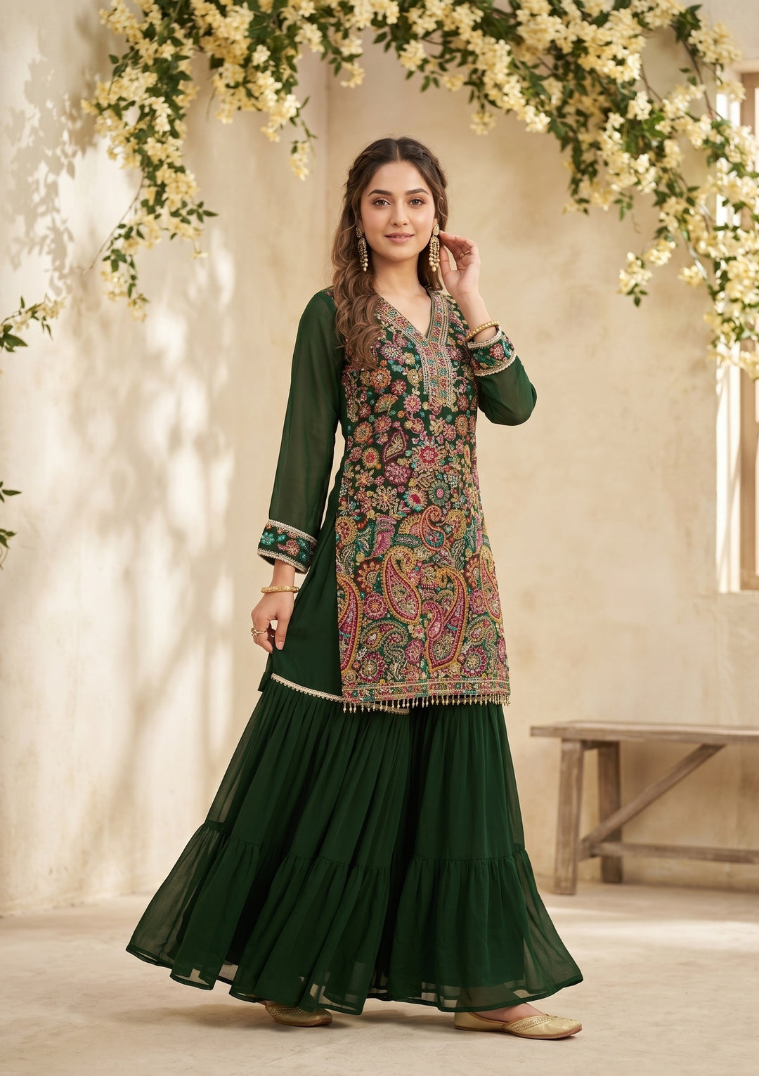 Bottle Green Threadwork Georgette Readymade Salwar Suit