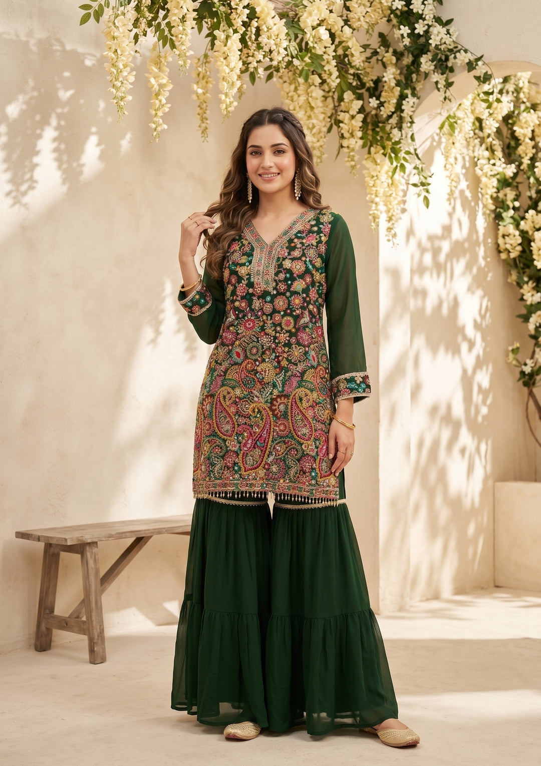 Bottle Green Threadwork Georgette Readymade Salwar Suit