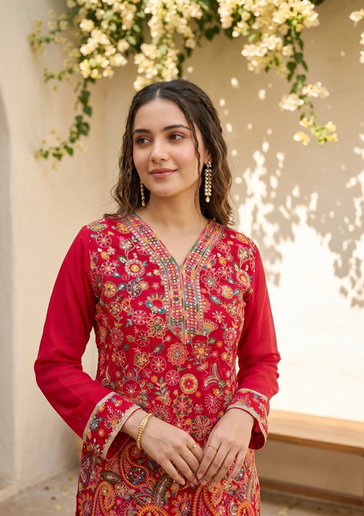 Rani Pink Threadwork Georgette Readymade Salwar Suit