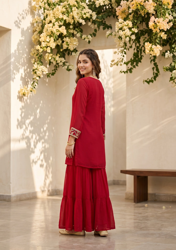Rani Pink Threadwork Georgette Readymade Salwar Suit