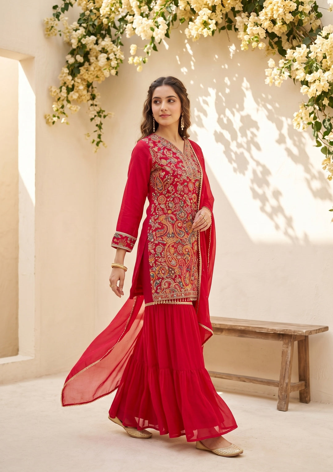 Rani Pink Threadwork Georgette Readymade Salwar Suit