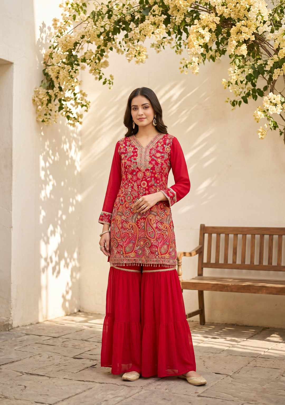 Rani Pink Threadwork Georgette Readymade Salwar Suit