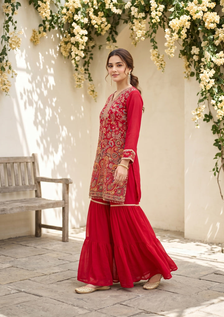 Rani Pink Threadwork Georgette Readymade Salwar Suit