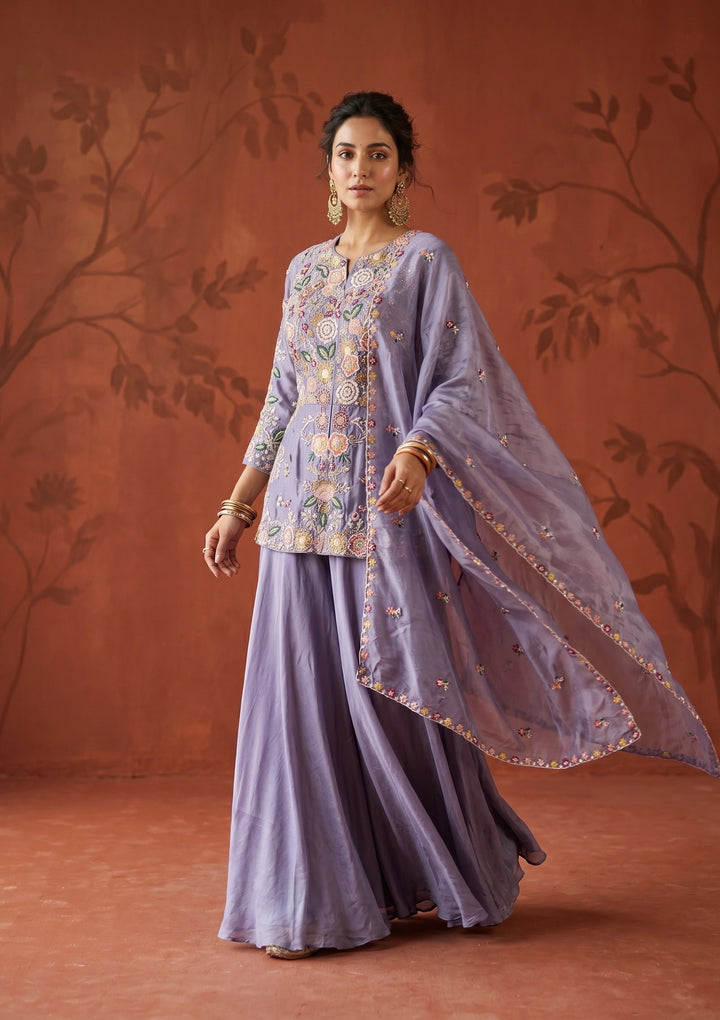 Lavender Threadwork Crepe Readymade Salwar Suit