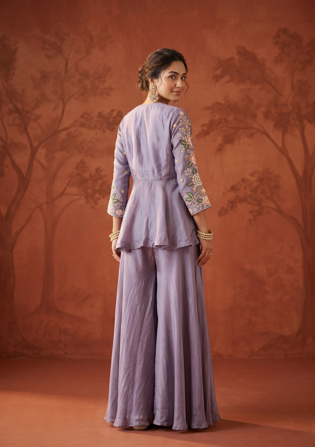 Lavender Threadwork Crepe Readymade Salwar Suit