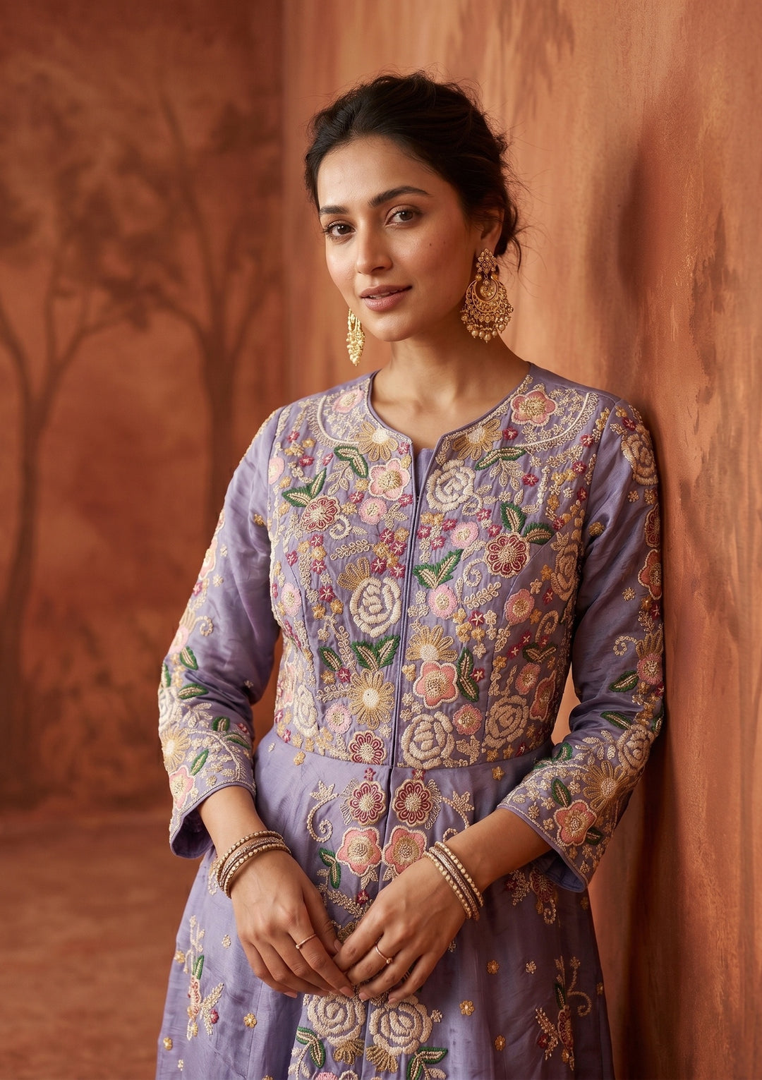 Lavender Threadwork Crepe Readymade Salwar Suit