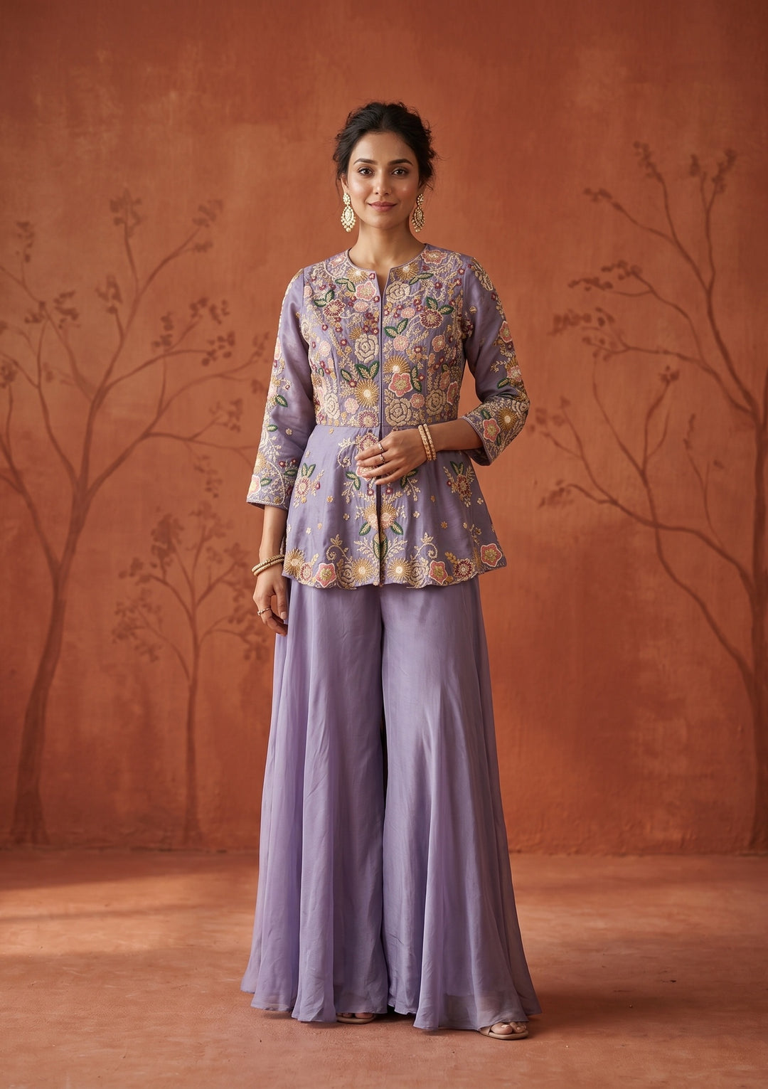 Lavender Threadwork Crepe Readymade Salwar Suit