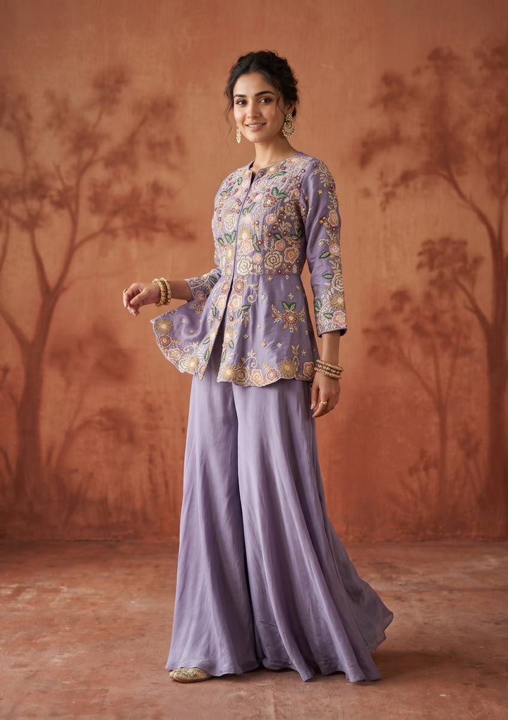 Lavender Threadwork Crepe Readymade Salwar Suit