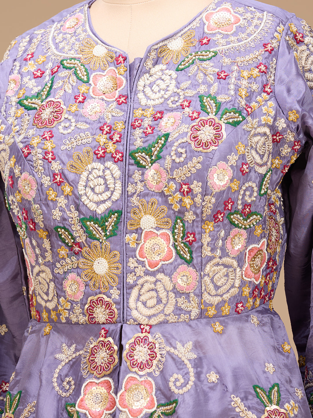 Lavender Threadwork Crepe Readymade Salwar Suit