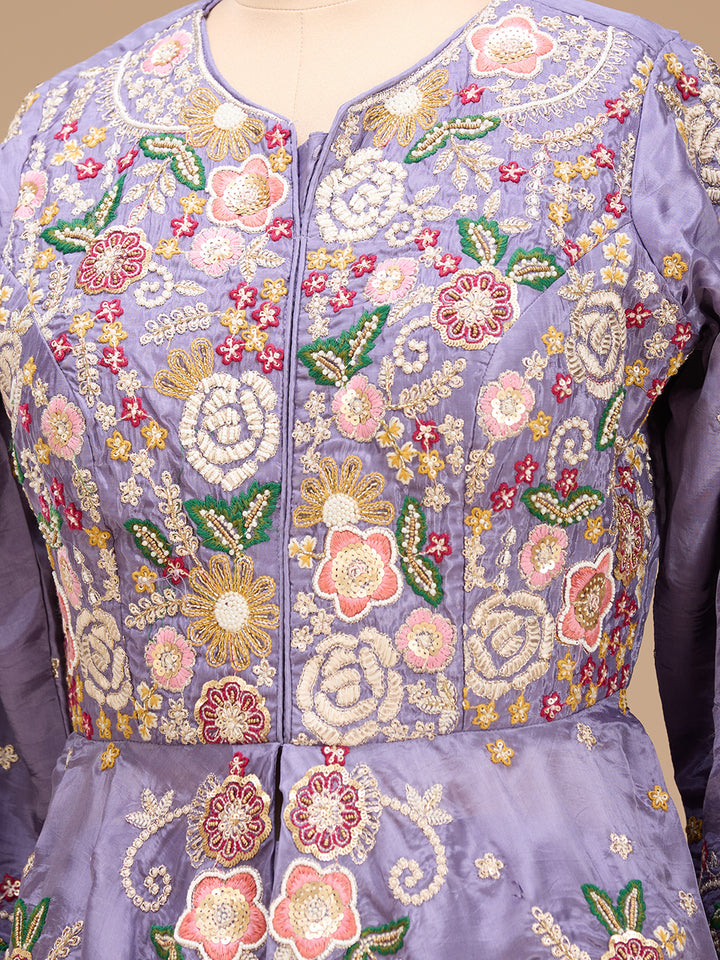 Lavender Threadwork Crepe Readymade Salwar Suit