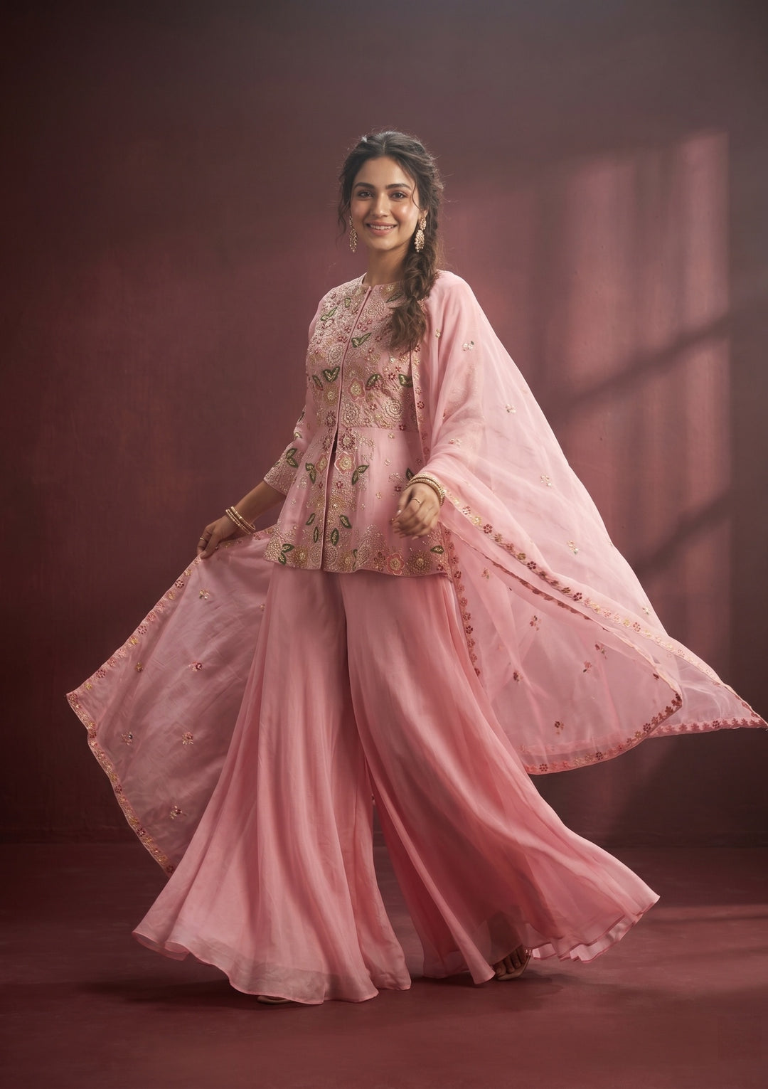 Pink Threadwork Crepe Readymade Salwar Suit
